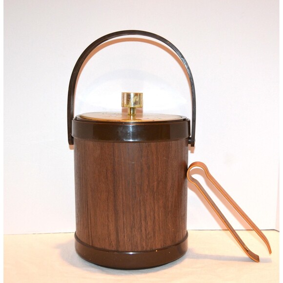 Vintage Ice Bucket Wood Look Vinyl with Gold Boho Eclectic Rustic MCM - Picture 1 of 6